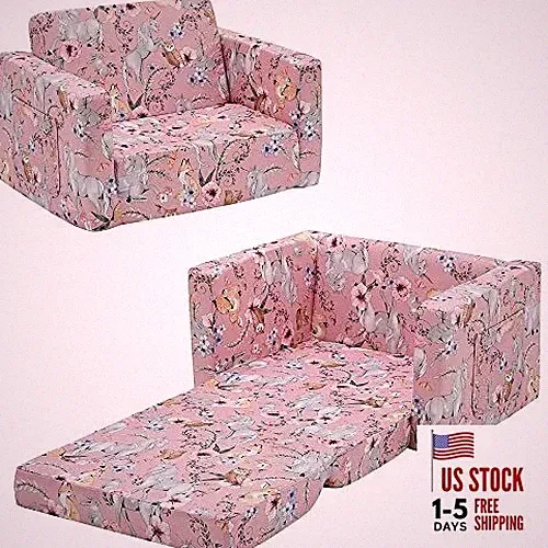 Kids Convertible Sofas Children Flip-Out Sofa - 2-in-1 to Lounge Pink Unicorn
