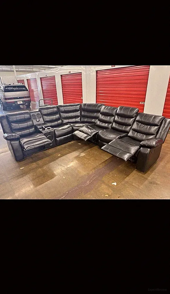 Large Black Leather Reclining Sectional w/ Bluetooth Speakers – Great Condition