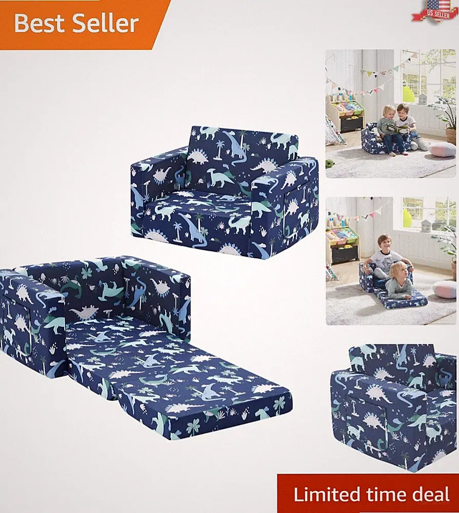 Lightweight Navy Dinosaur Kids Flip-Out Sleeper Sofa Chair with Storage Pocket