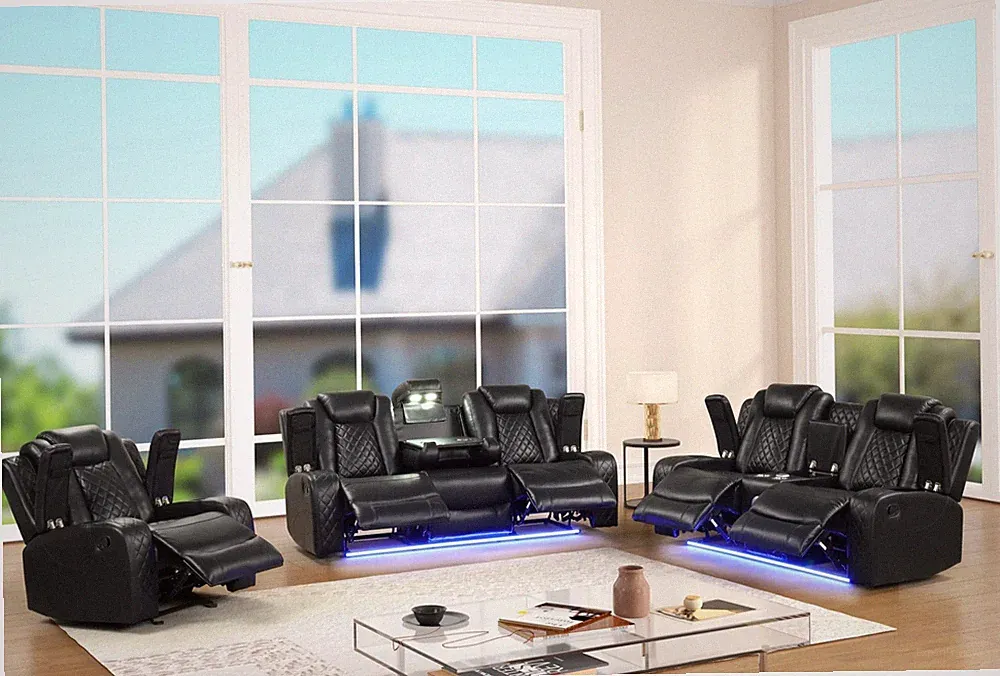 NEW LED 3PC Sofa Loveseat Chair Recliner Set Black Leather w/ Bluetooth Speaker