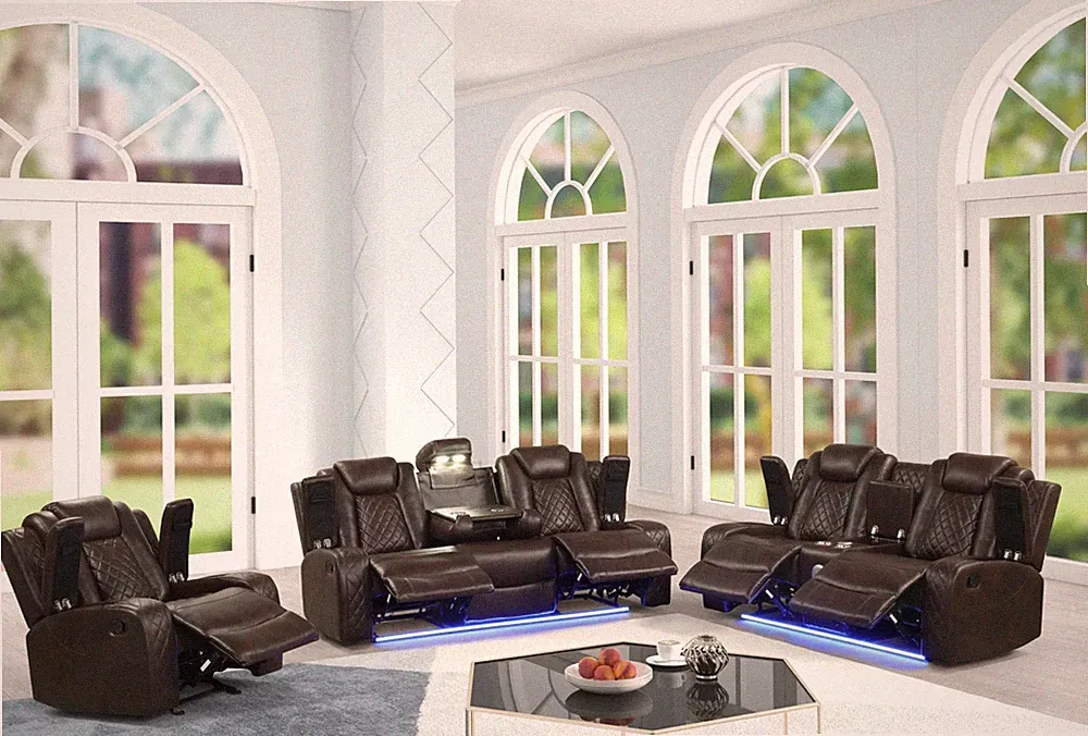 NEW LED 3PC Sofa Loveseat Chair Recliner Set Brown Leather Gel Bluetooth Speaker
