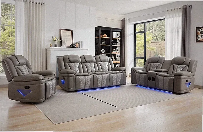 NEW LED Gray Leather Sofa 3PC Recliner Set Bluetooth Speaker & USB Charging