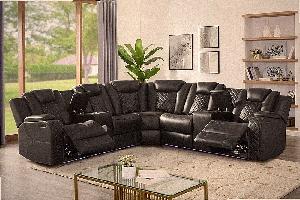 NEW LED Power 2-Recliners Black Leather Sectional Cupholders & Bluetooth Speaker