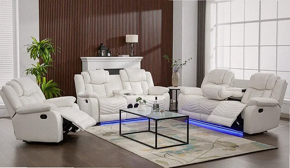NEW LED Sofa Loveseat Chair 3PC Recliner Set White Leather w/ Bluetooth Speaker