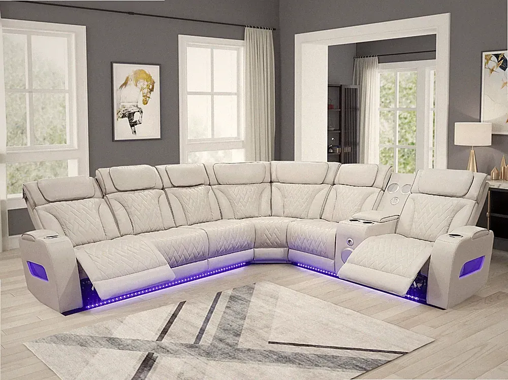 OVERSIZED LED Sectional Power Recliner & Adj Headrest w/ Bluetooth Speaker Biege