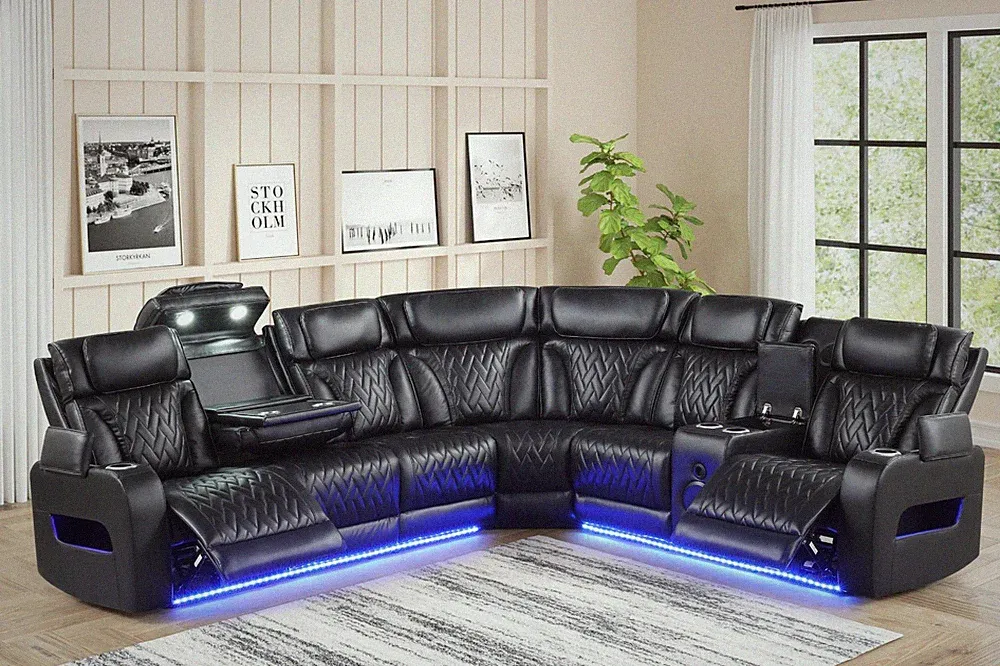 OVERSIZED LED Sectional Power Recliner & Adj Headrest w/ Bluetooth Speaker Black