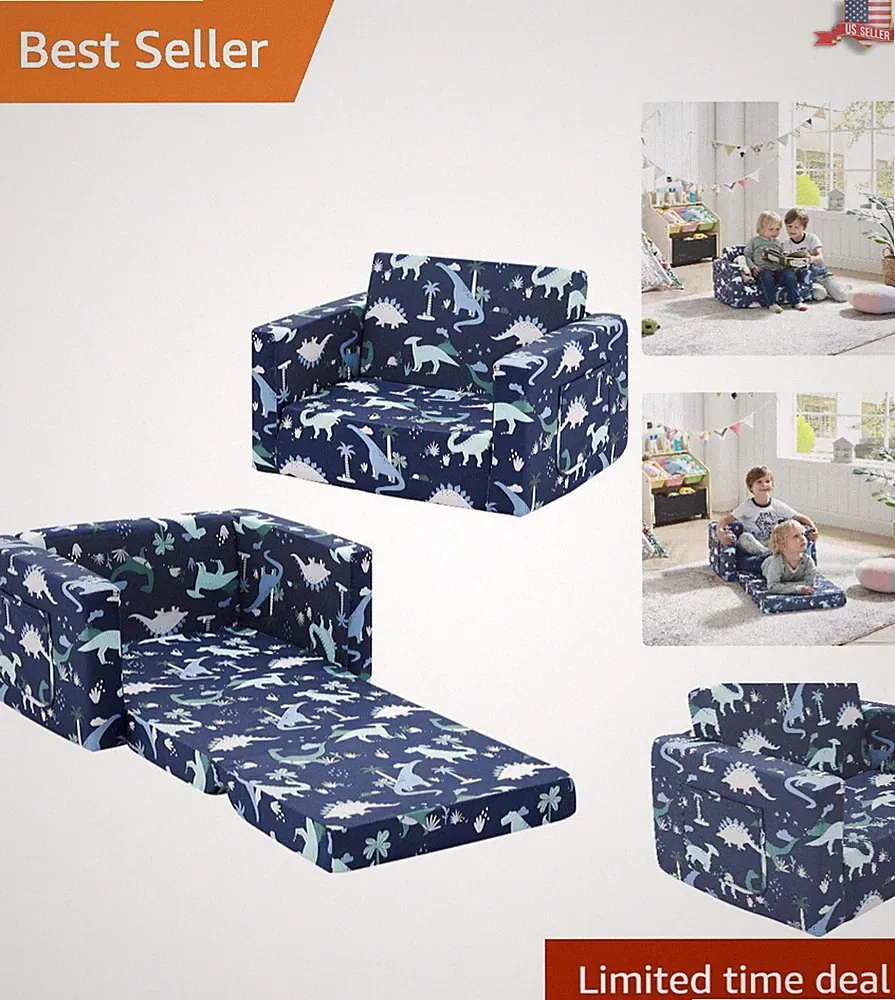 Safe and Versatile Kids Navy Dinosaur Chair - Convertible Sleeper with Speaker